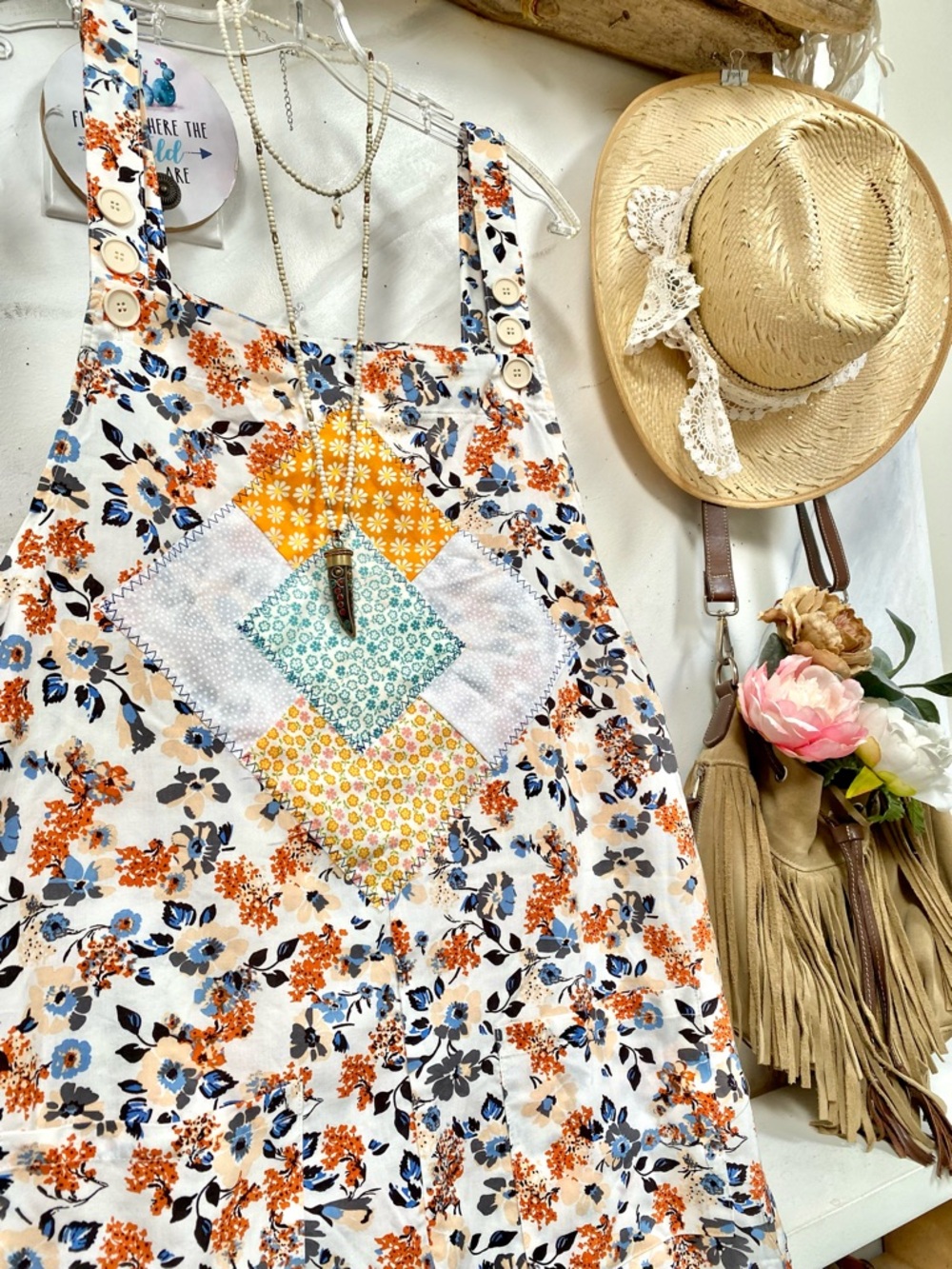 Artisan Upcycled patchwork boho floral overalls w prairie cottagecore vibe - Picture 6 of 15